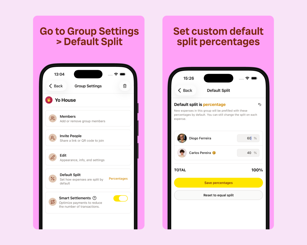 Como definir percentagens personalizadas de divisão predefinida no BananaSplit