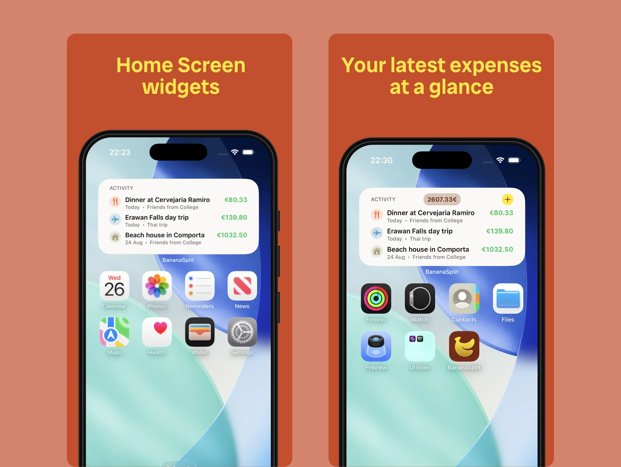 Two BananaSplit Home Screen widgets showing recent activity, total balance, and a quick add button