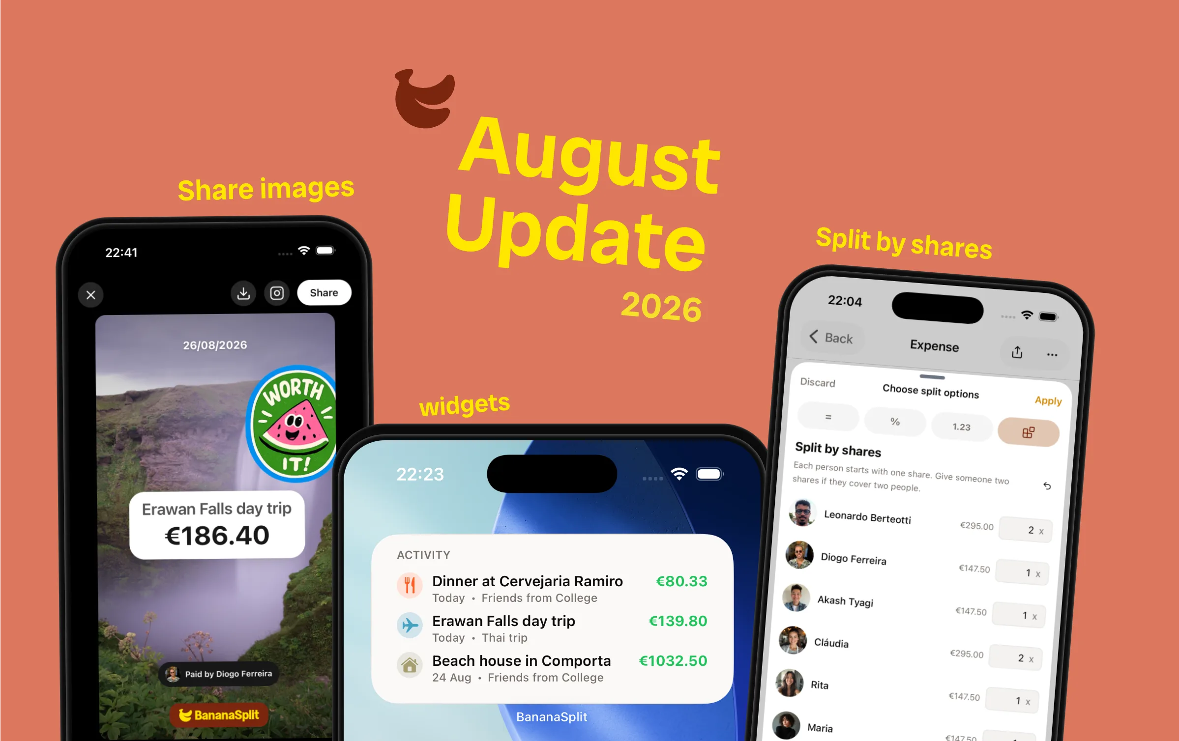 BananaSplit August 2026 update cover showing expense stories, an iOS activity widget, and split by shares on three iPhones
