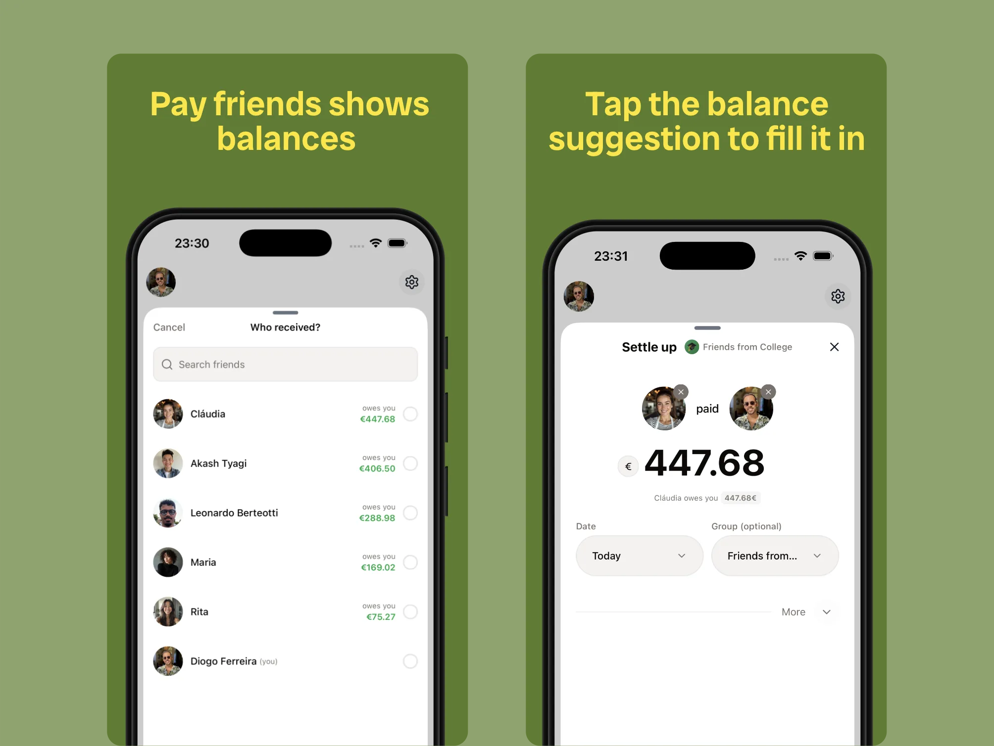 BananaSplit payment selector showing friend balances and an automatic payment amount suggestion
