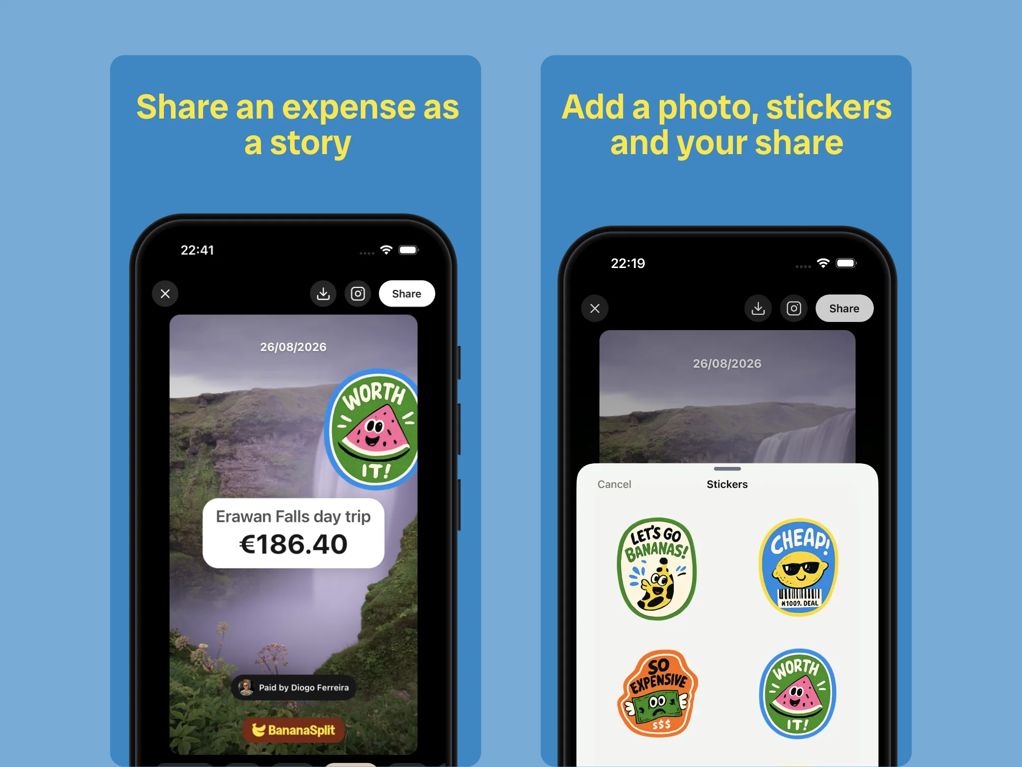 BananaSplit expense story editor with a photo, expense amount, payer label, and illustrated stickers