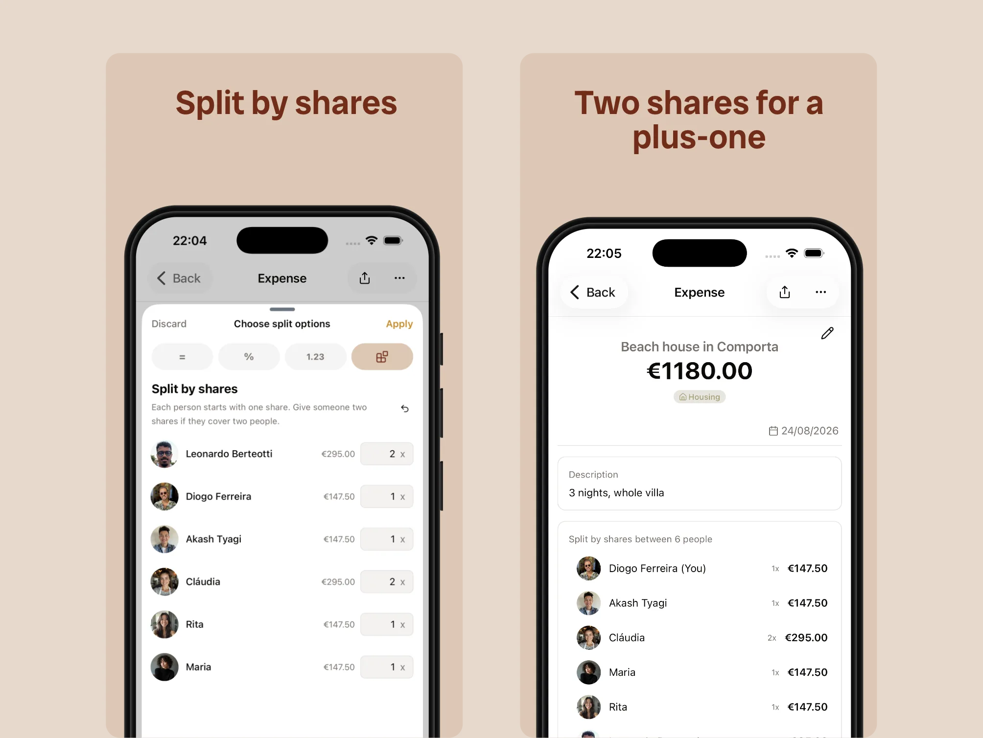 BananaSplit split by shares giving two shares to people who are covering a plus-one