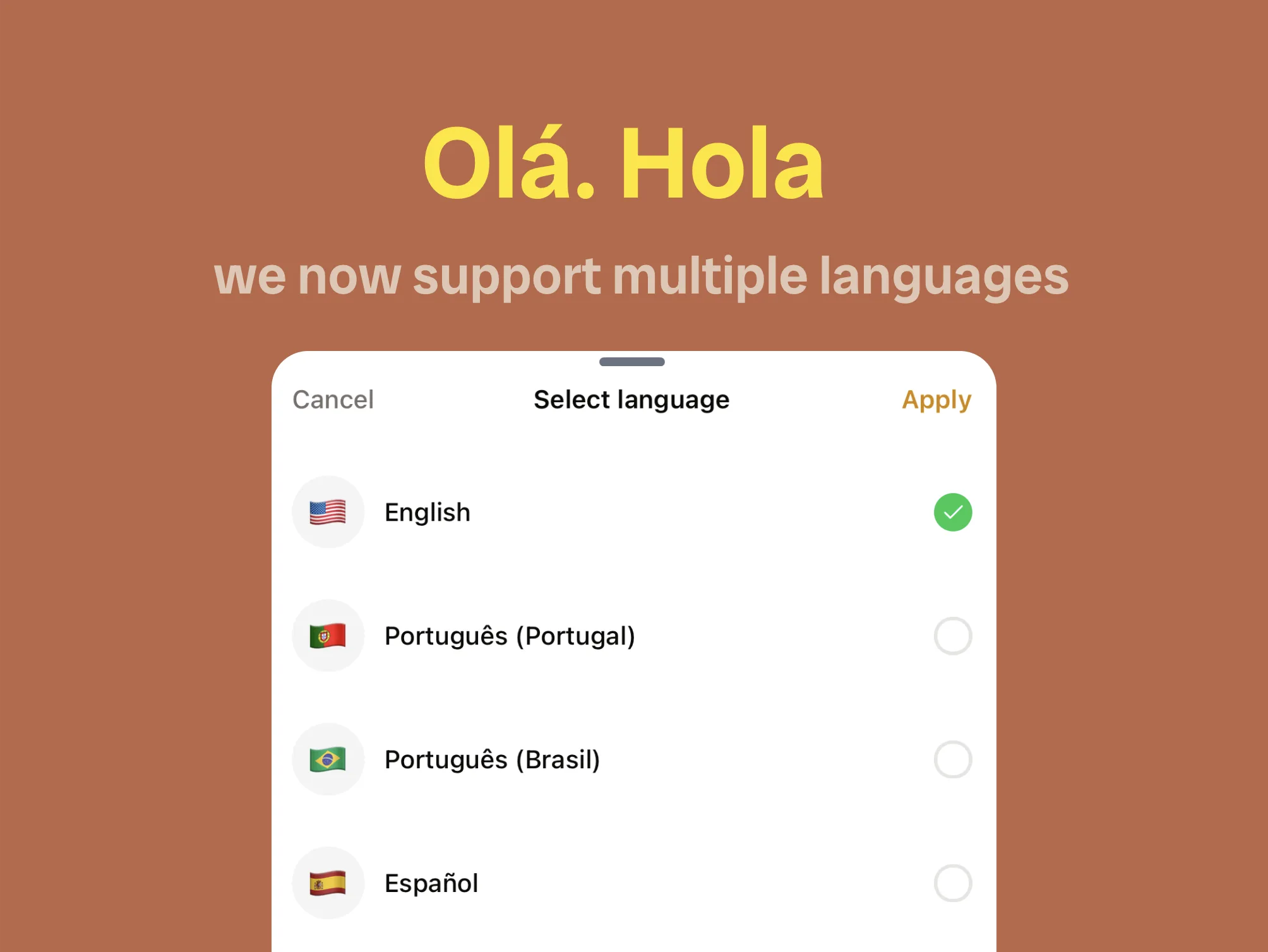 Seletor de língua do BananaSplit com Inglês, Português (Portugal), Português (Brasil) e Español