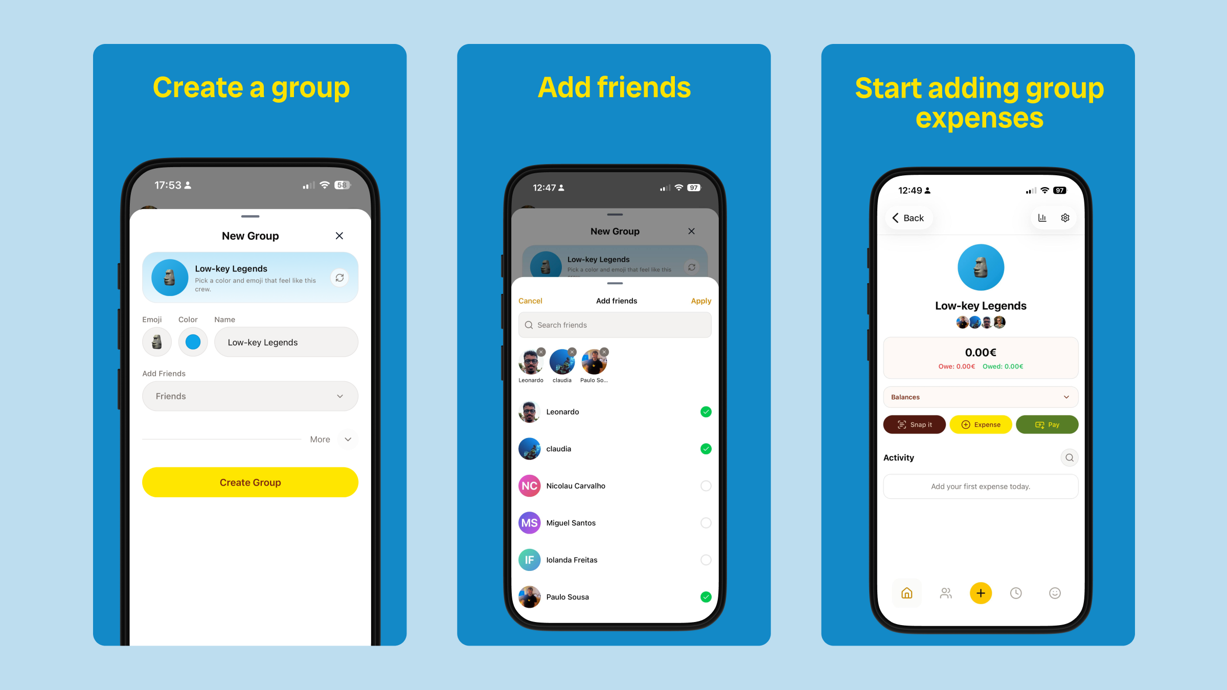Crear un grupo en BananaSplit, agregar amigos y empezar a sumar gastos compartidos