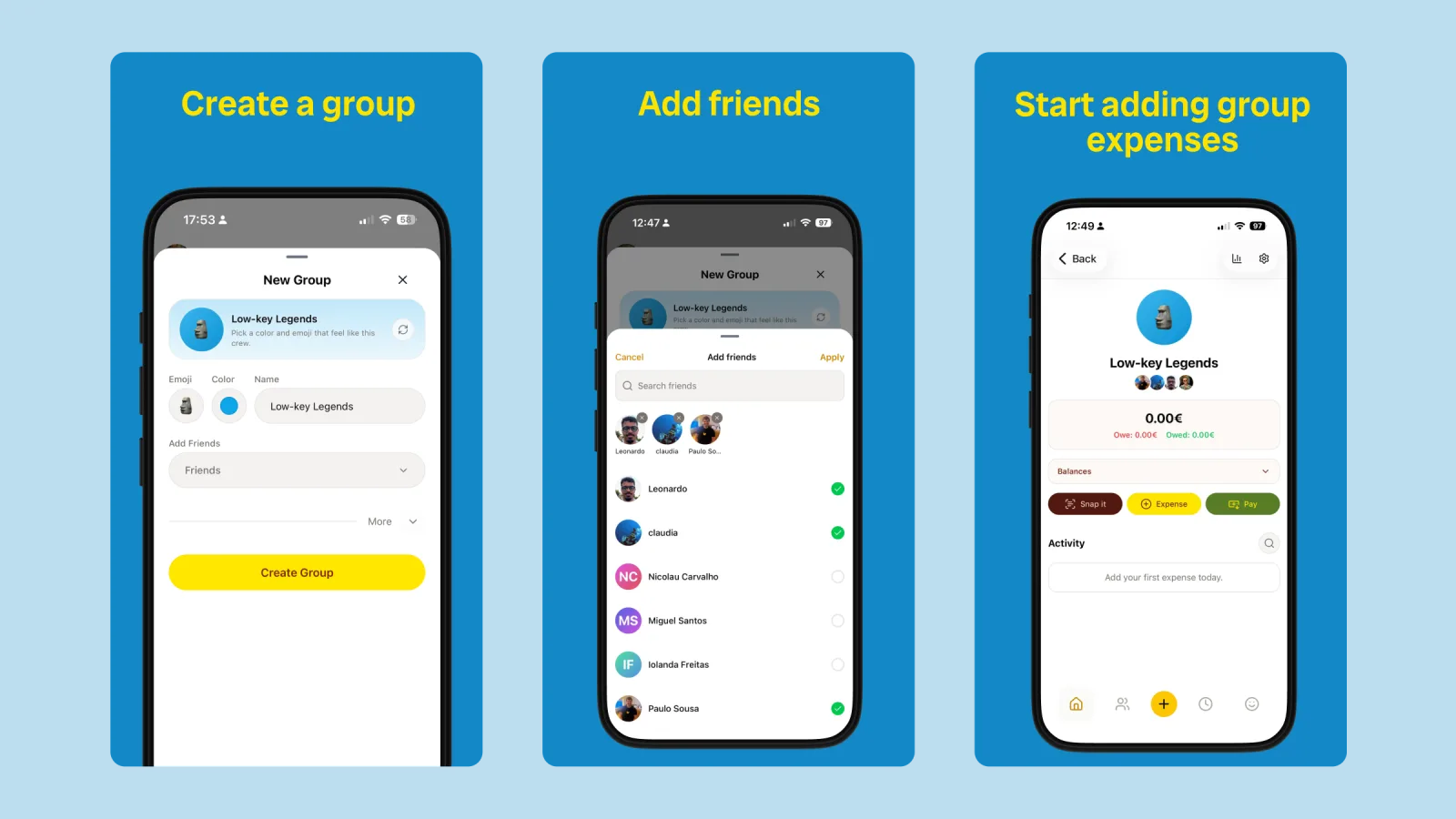 Create a group in BananaSplit, add friends, and start adding group expenses