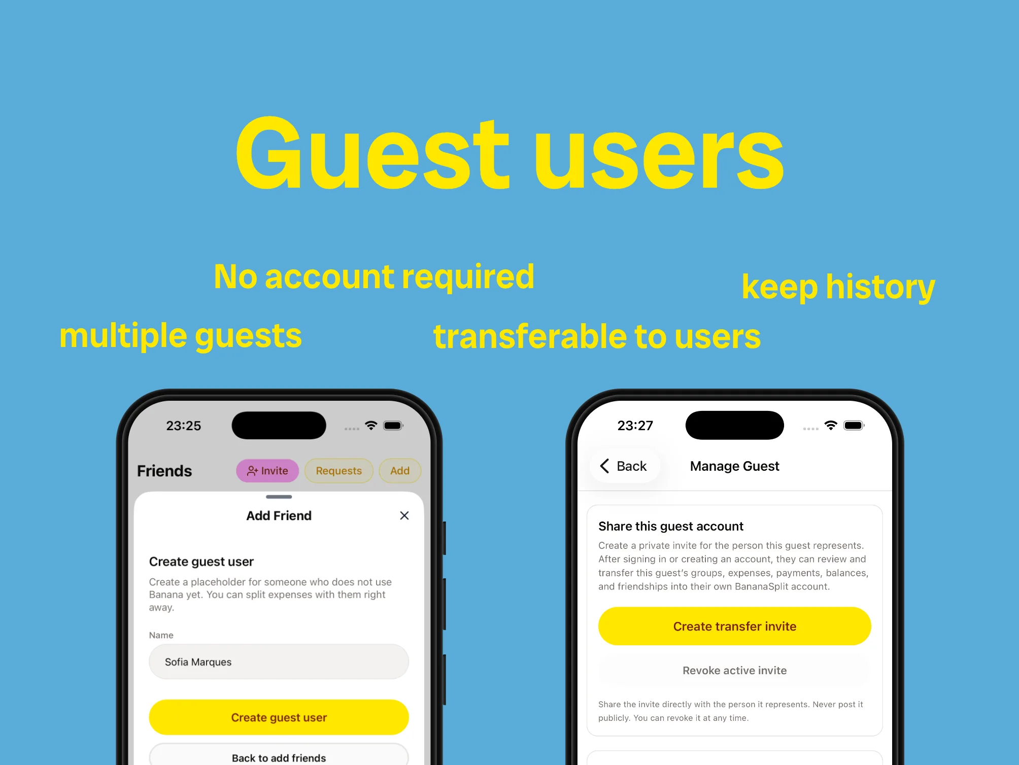 Función de usuarios invitados de BananaSplit para añadir a alguien sin cuenta y transferirle su historial más adelante