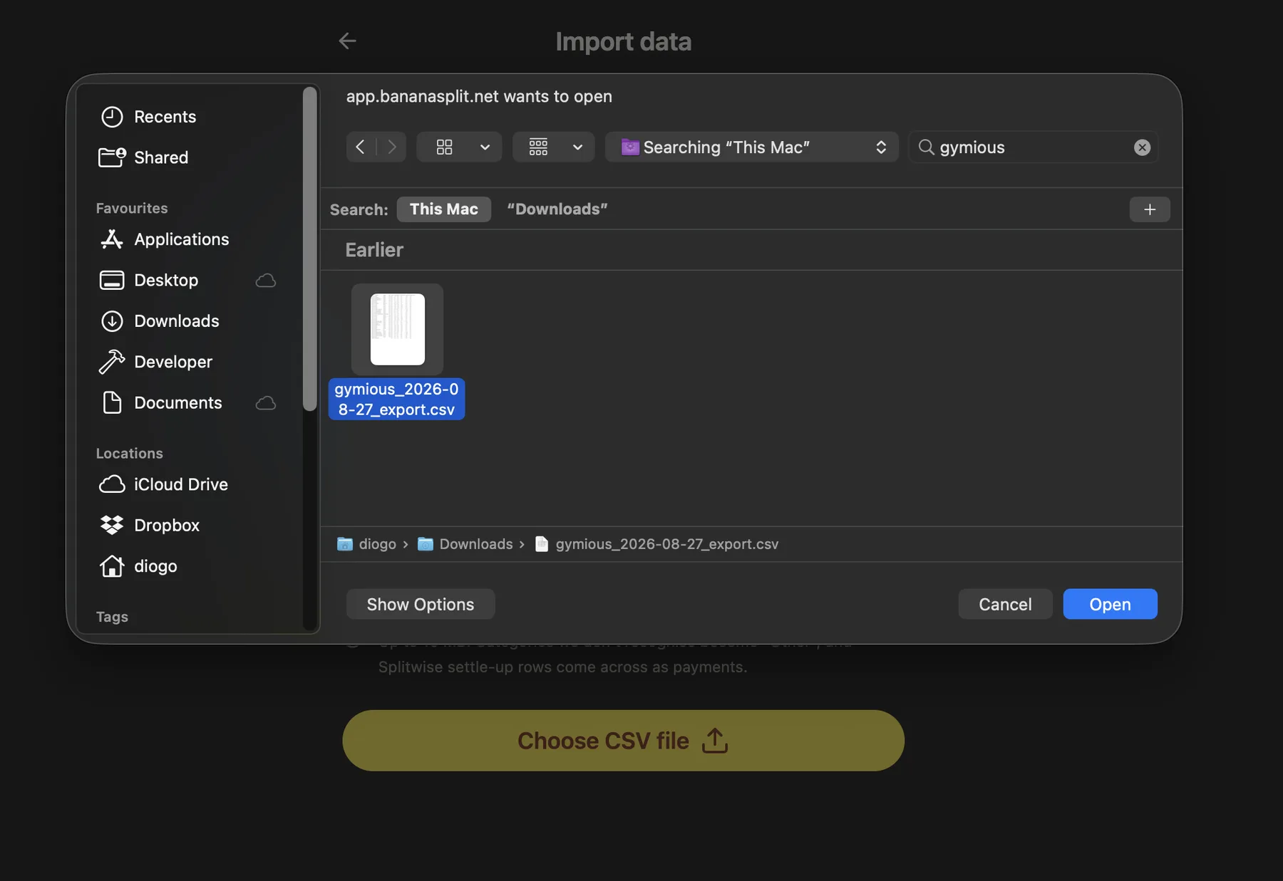 Selector de archivos de macOS seleccionando una exportación CSV de Splitwise para importarla en BananaSplit