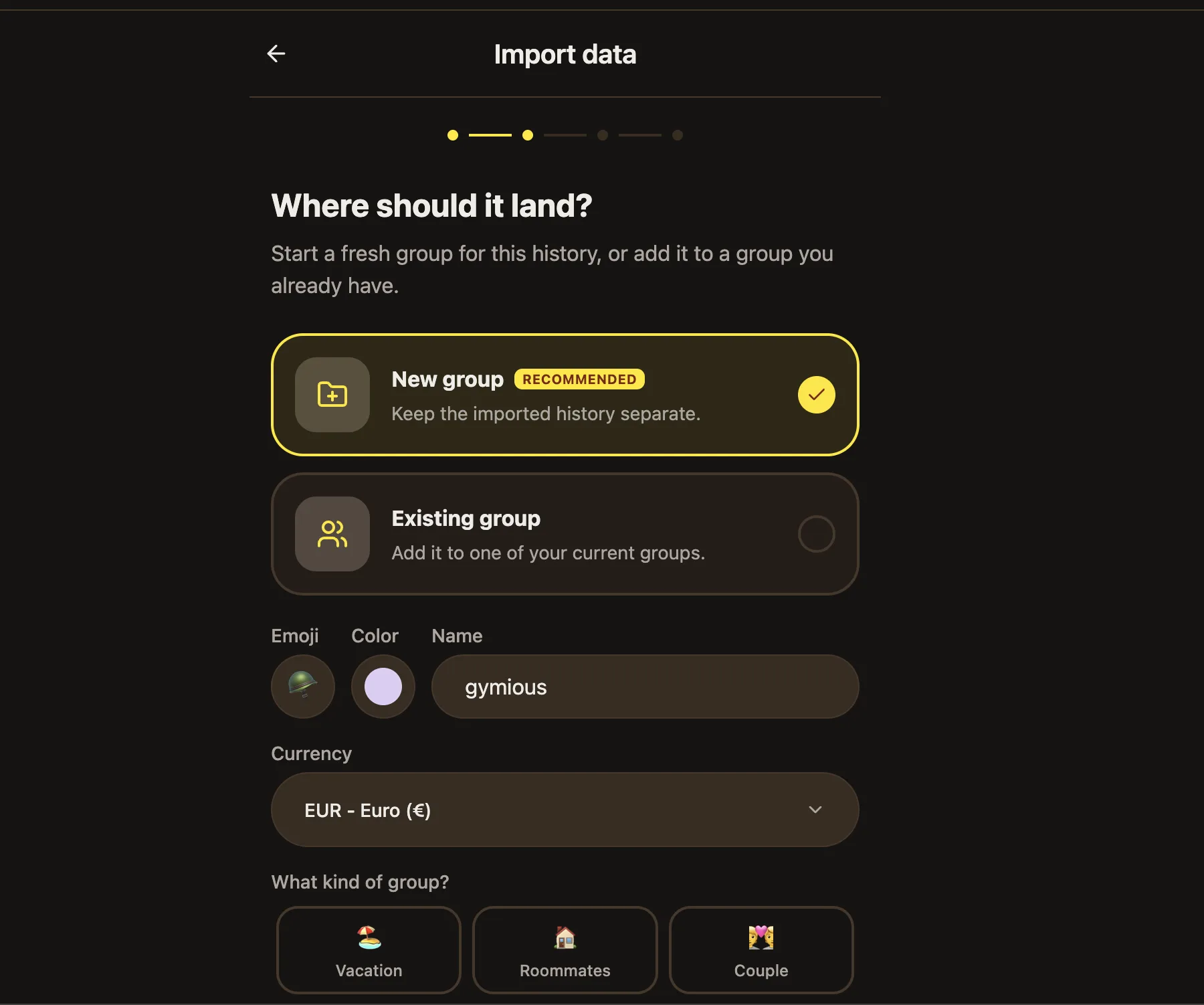 Pantalla Import data de BananaSplit eligiendo entre grupo nuevo y grupo existente