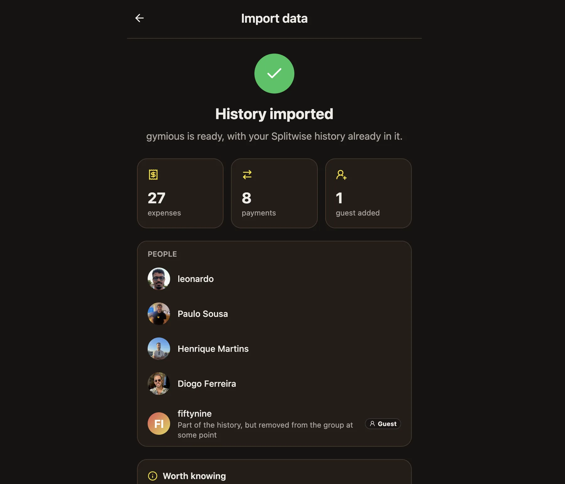 Pantalla de BananaSplit indicando que el historial fue importado con gastos, pagos, invitados y personas importadas