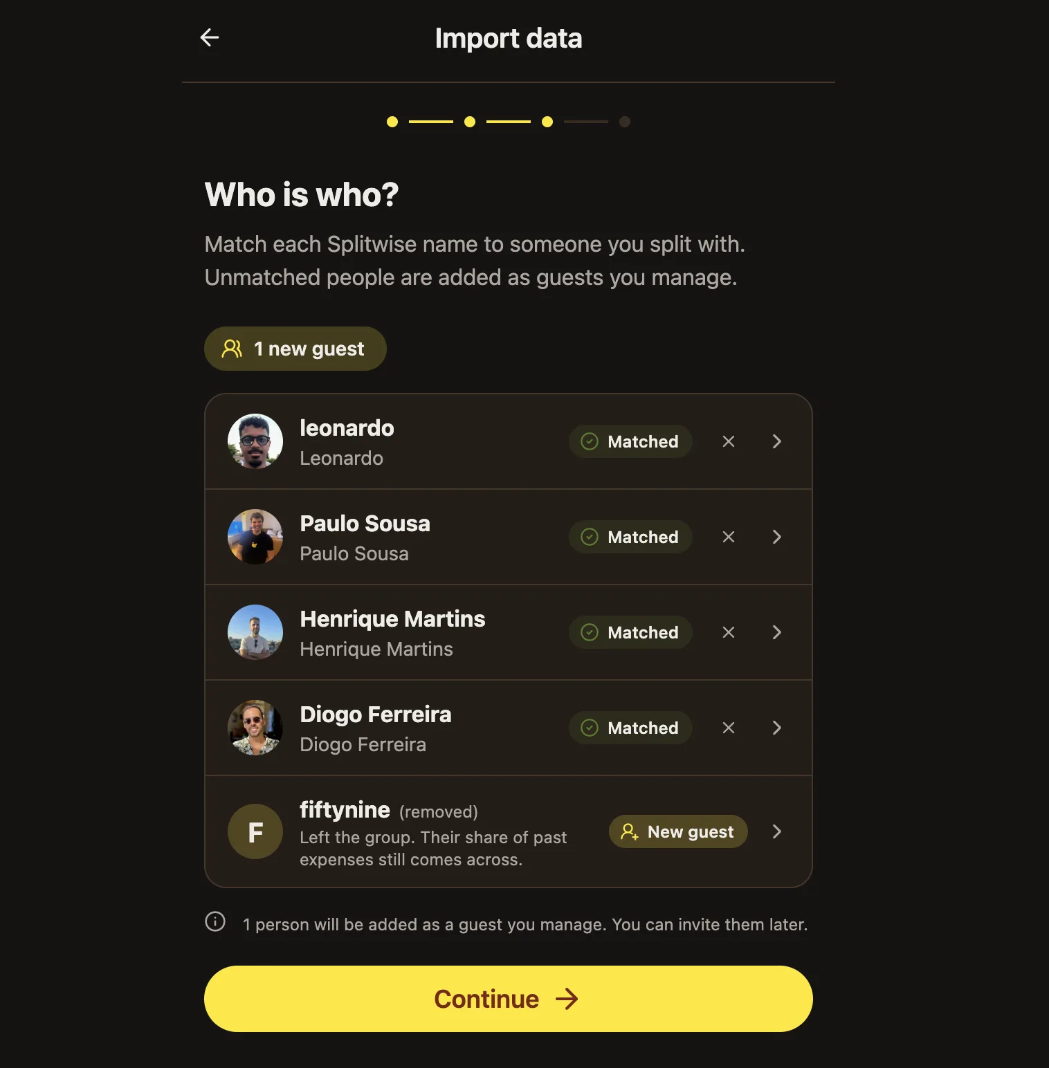 Emparejamiento de miembros en BananaSplit para importar desde Splitwise con miembros emparejados y un invitado nuevo