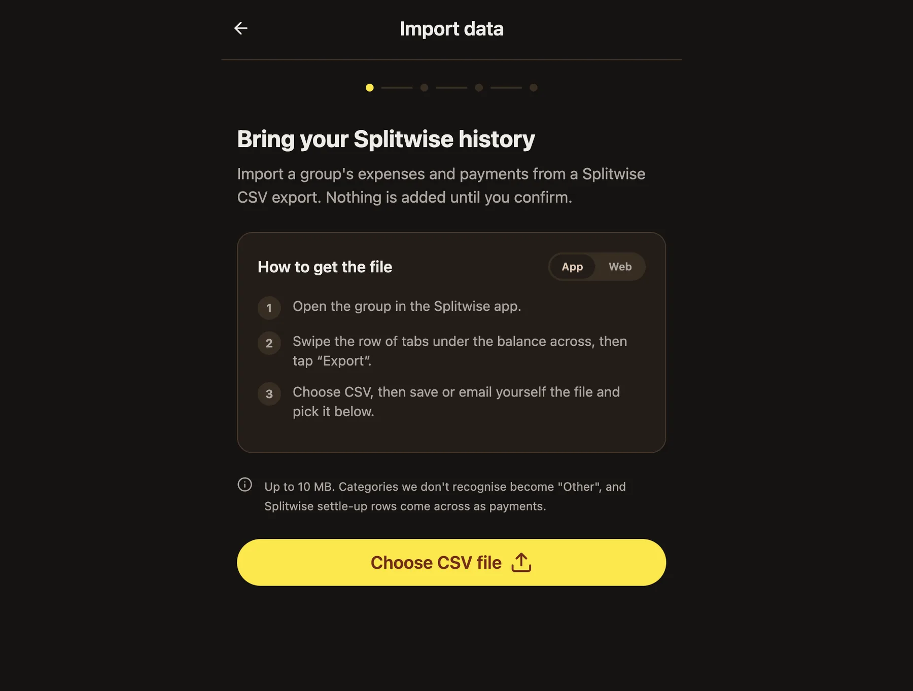 Pantalla Import data de BananaSplit con instrucciones para exportar un CSV de Splitwise desde la app o la web