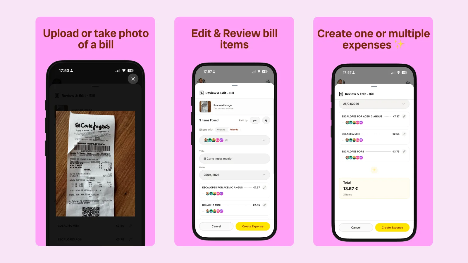 Scan a bill in BananaSplit, review the items, and create one or multiple expenses