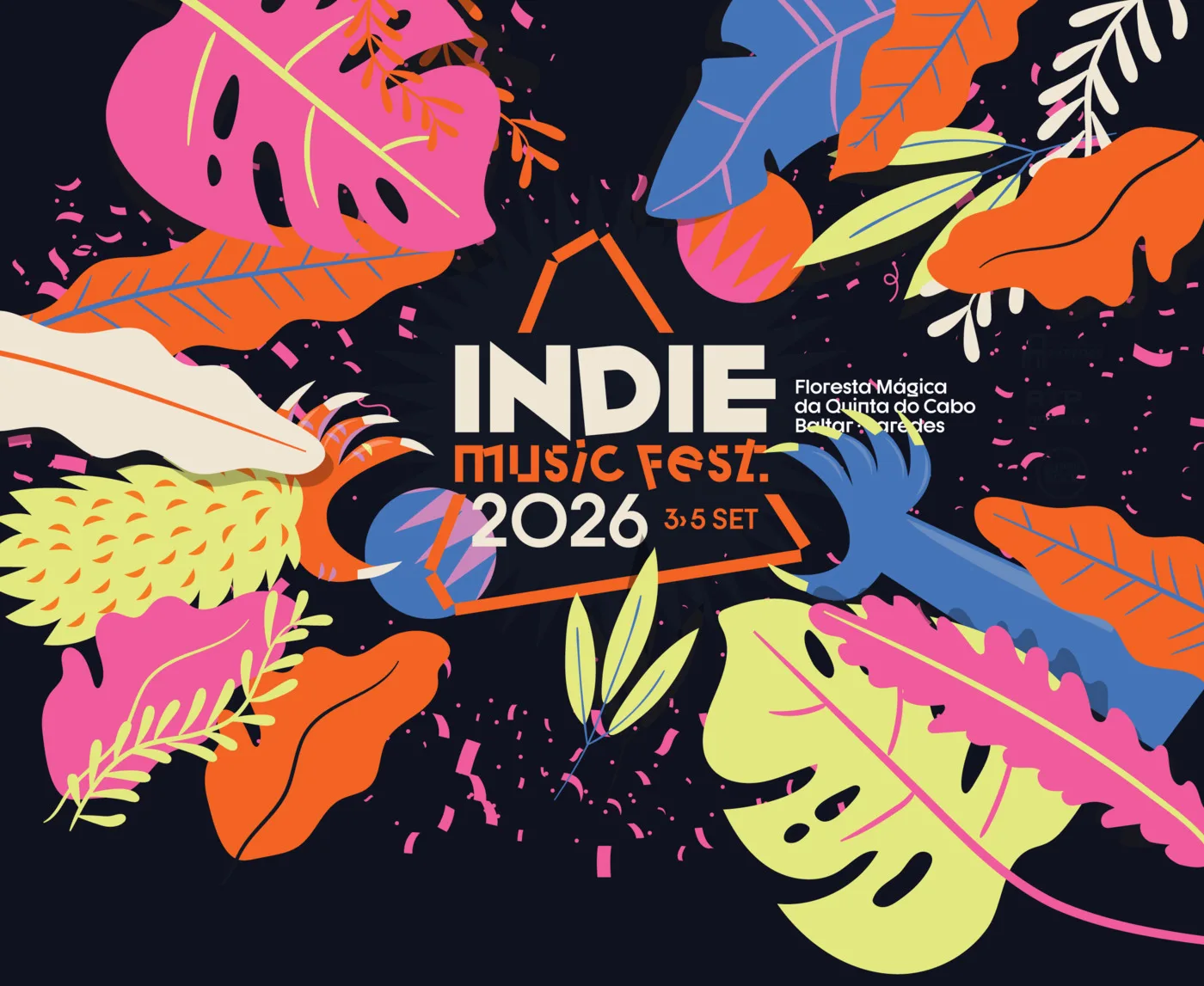 Identidad colorida de Indie Music Fest 2026 con hojas tropicales