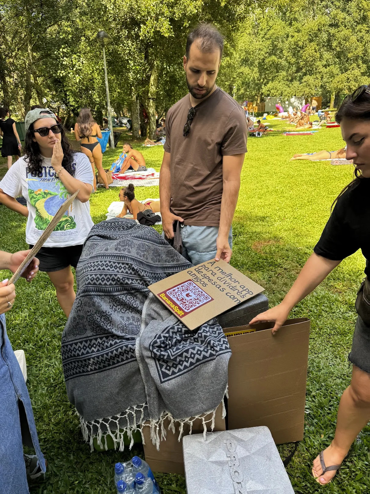 Team preparing BananaSplit campaign signs, blankets, and coolers