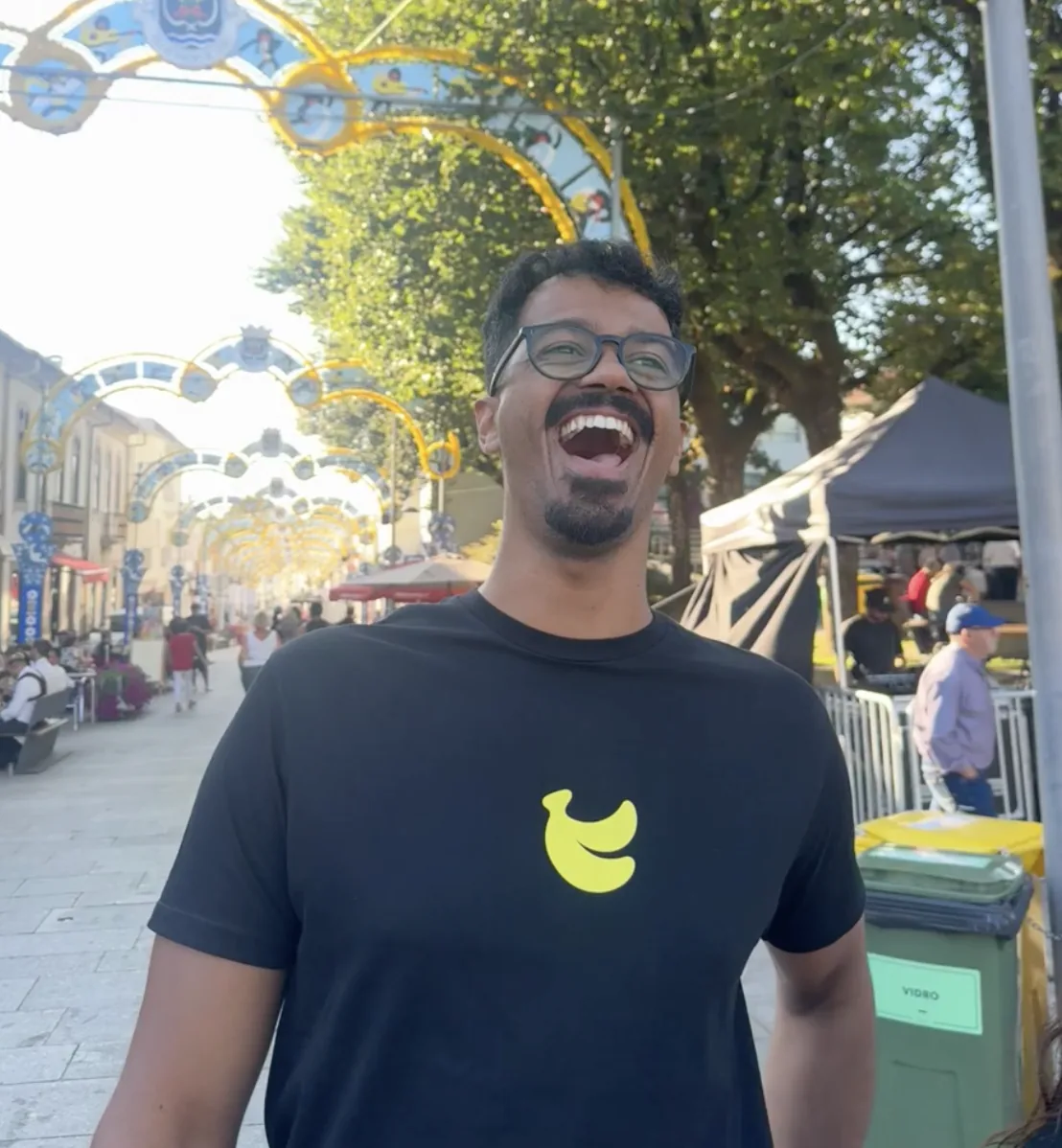 Team member in a BananaSplit t-shirt in the village of Paredes de Coura