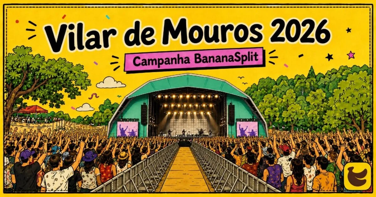 Ilustração da campanha BananaSplit em Vilar de Mouros 2026, com palco, plateia e céu amarelo